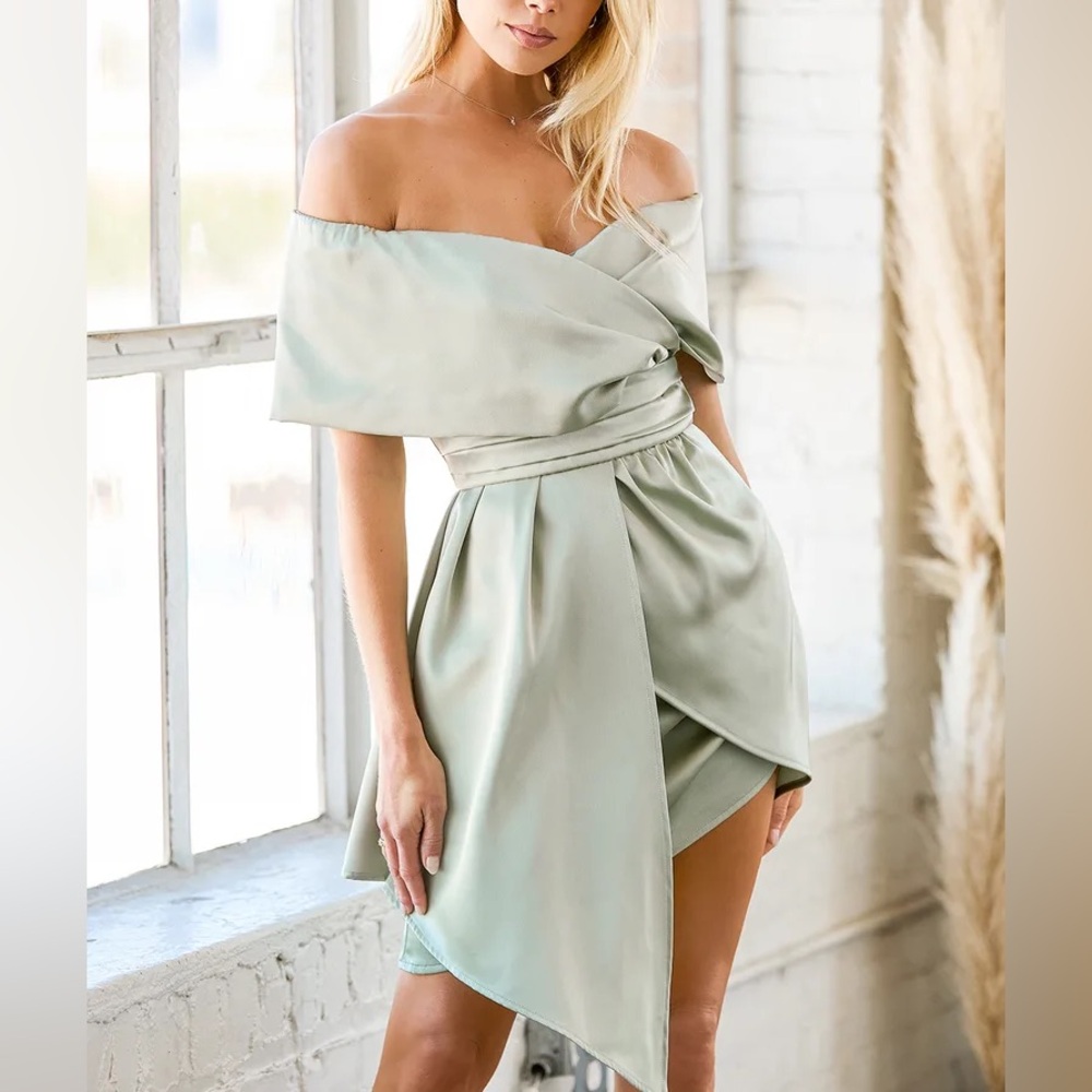 Lulus Always Celebrating Sage Green Satin Off-the-Shoulder Mini Dress